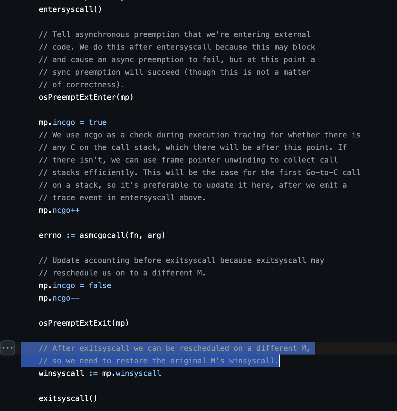 https://github.com/golang/go/blob/c1e0cd12965106310acafbb9bd50ad0830a7283a/src/runtime/cgocall.go#L194